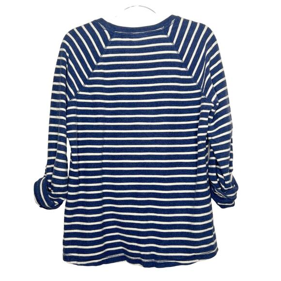 L.L. BEAN Striped Pullover Sweater Crew Neck Roll Tab Sleeve Blue White Size L - Picture 2 of 7